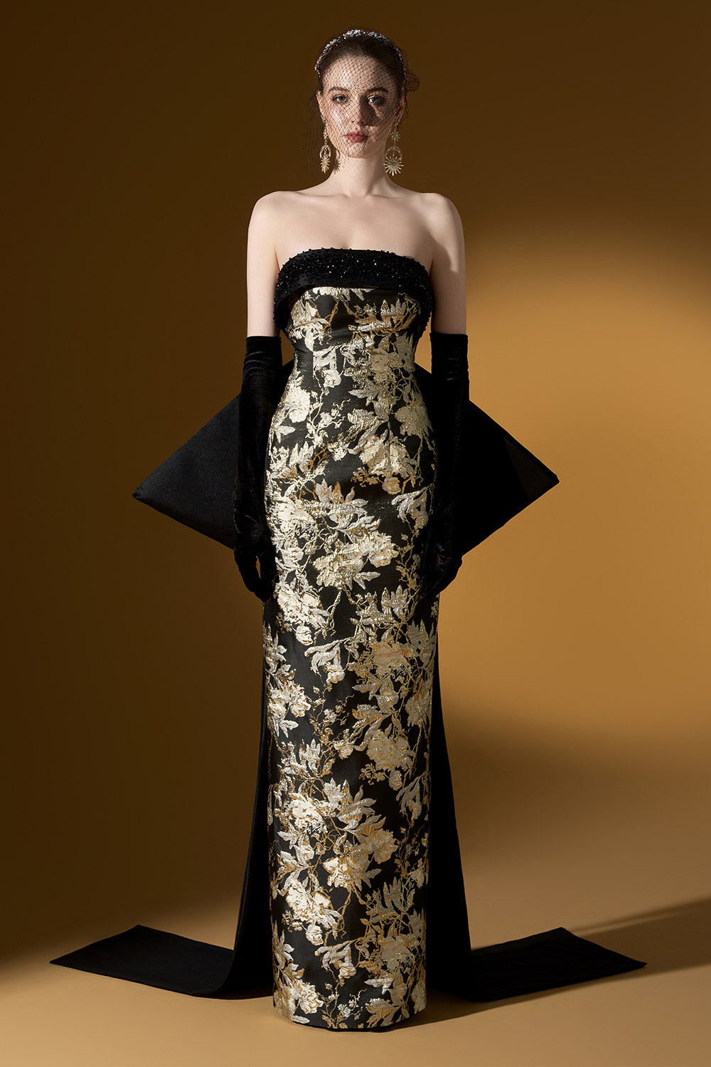 Bellamy Strapless Bow Tie Jacquard Floor Length Dress