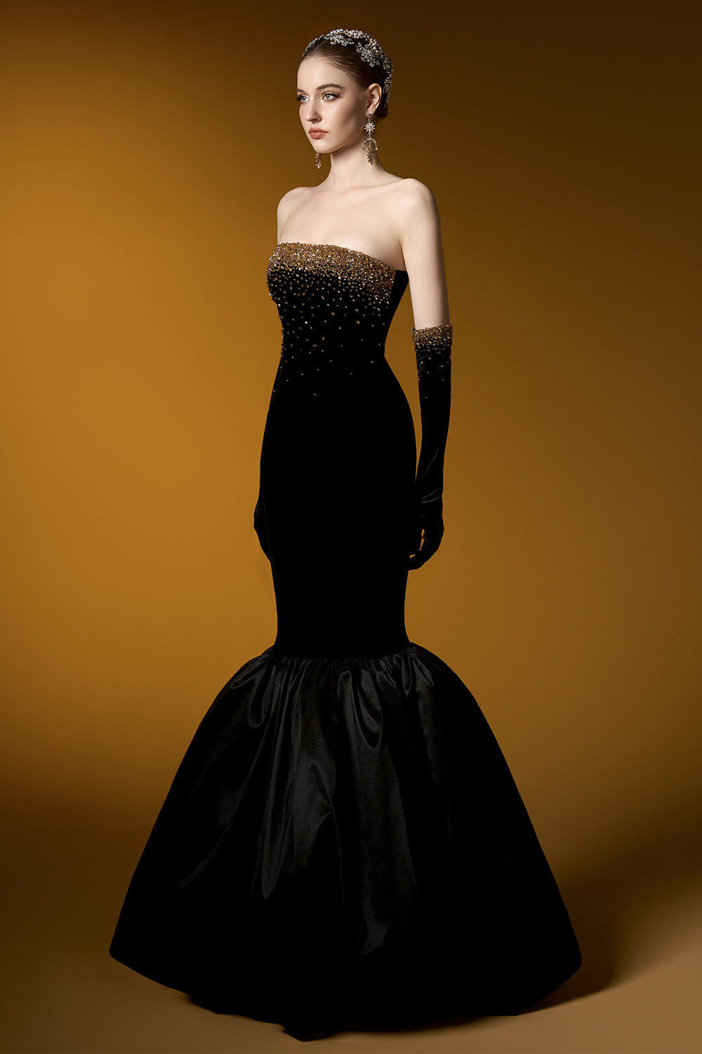 Katelyn Mermaid Straight Across Neck Velvet Floor Length Dress