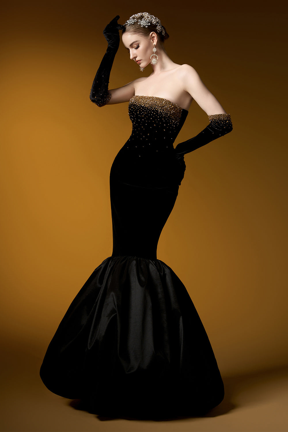 Katelyn Mermaid Straight Across Neck Velvet Floor Length Dress