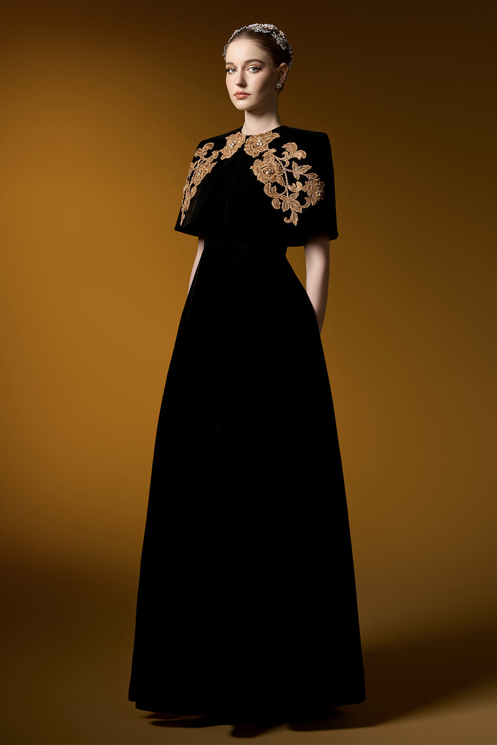 Crystal Ball Gown Embroidered Velvet Floor Length Set