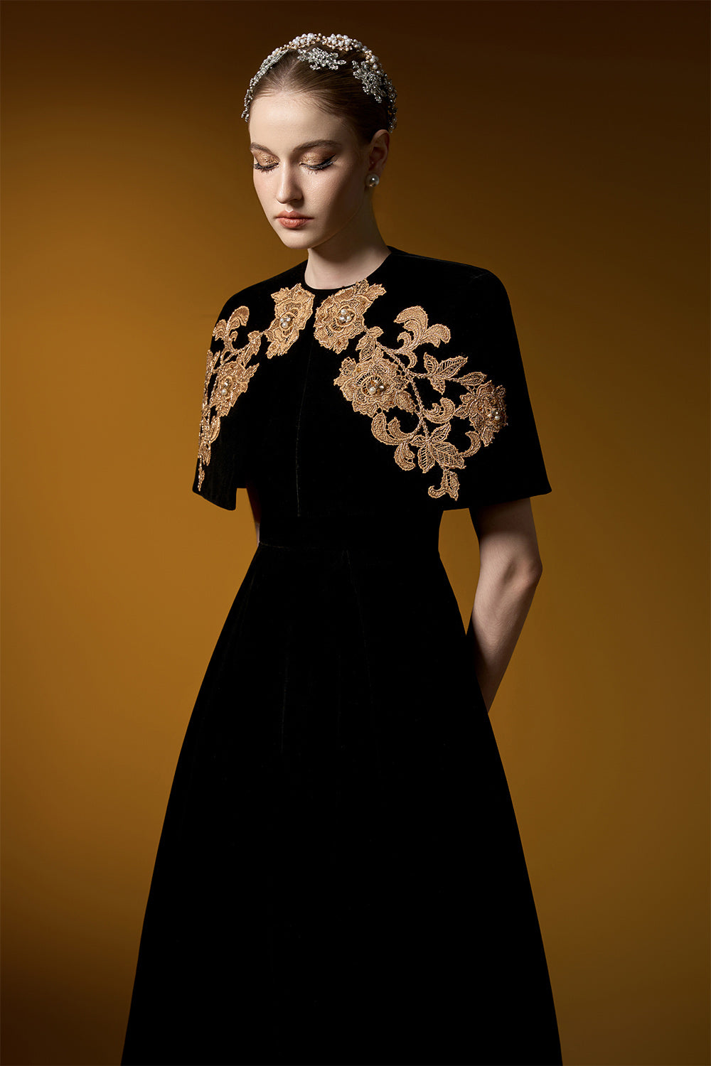 Crystal Ball Gown Embroidered Velvet Floor Length Set