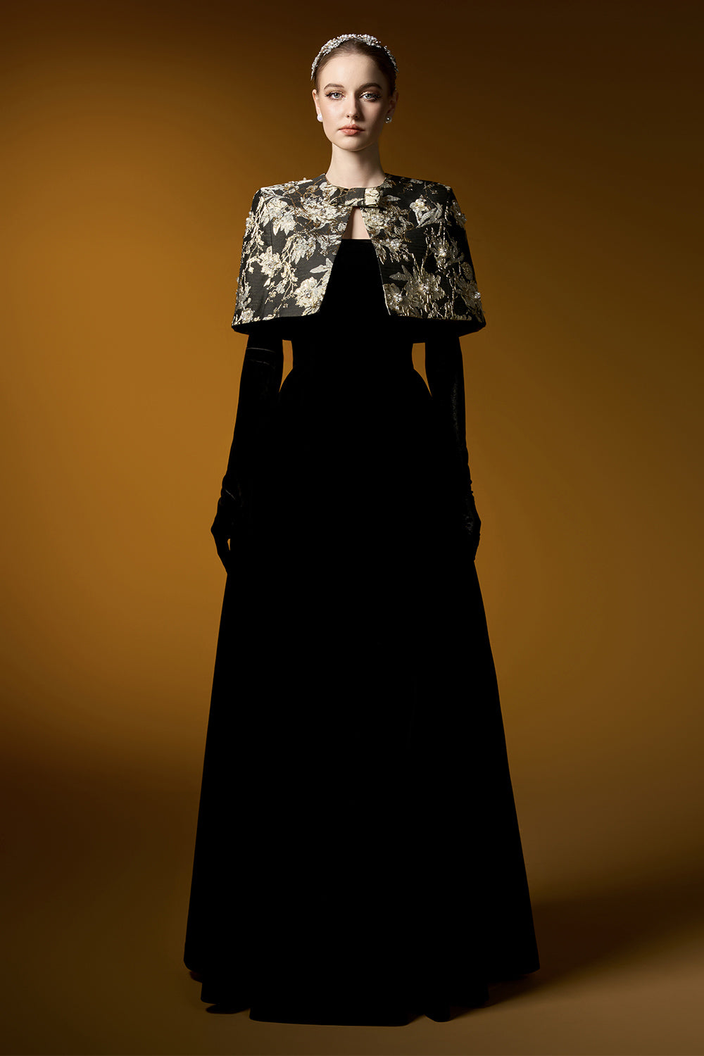 Averi Ball Gown Cape Shoulder Velvet Floor Length Set