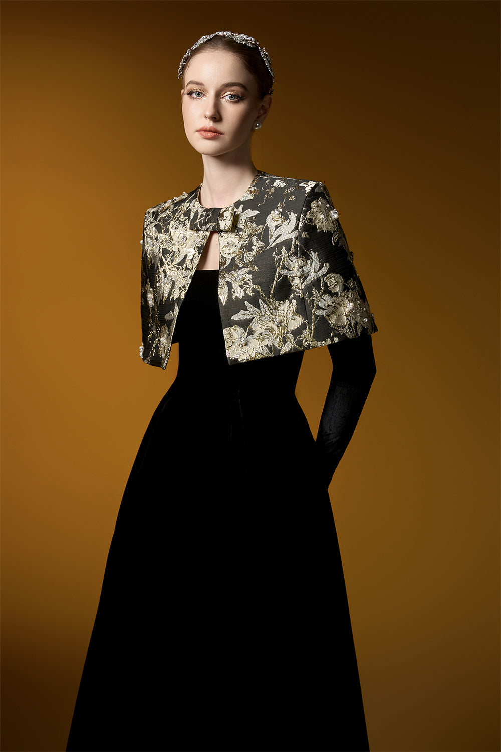 Averi Ball Gown Cape Shoulder Velvet Floor Length Set