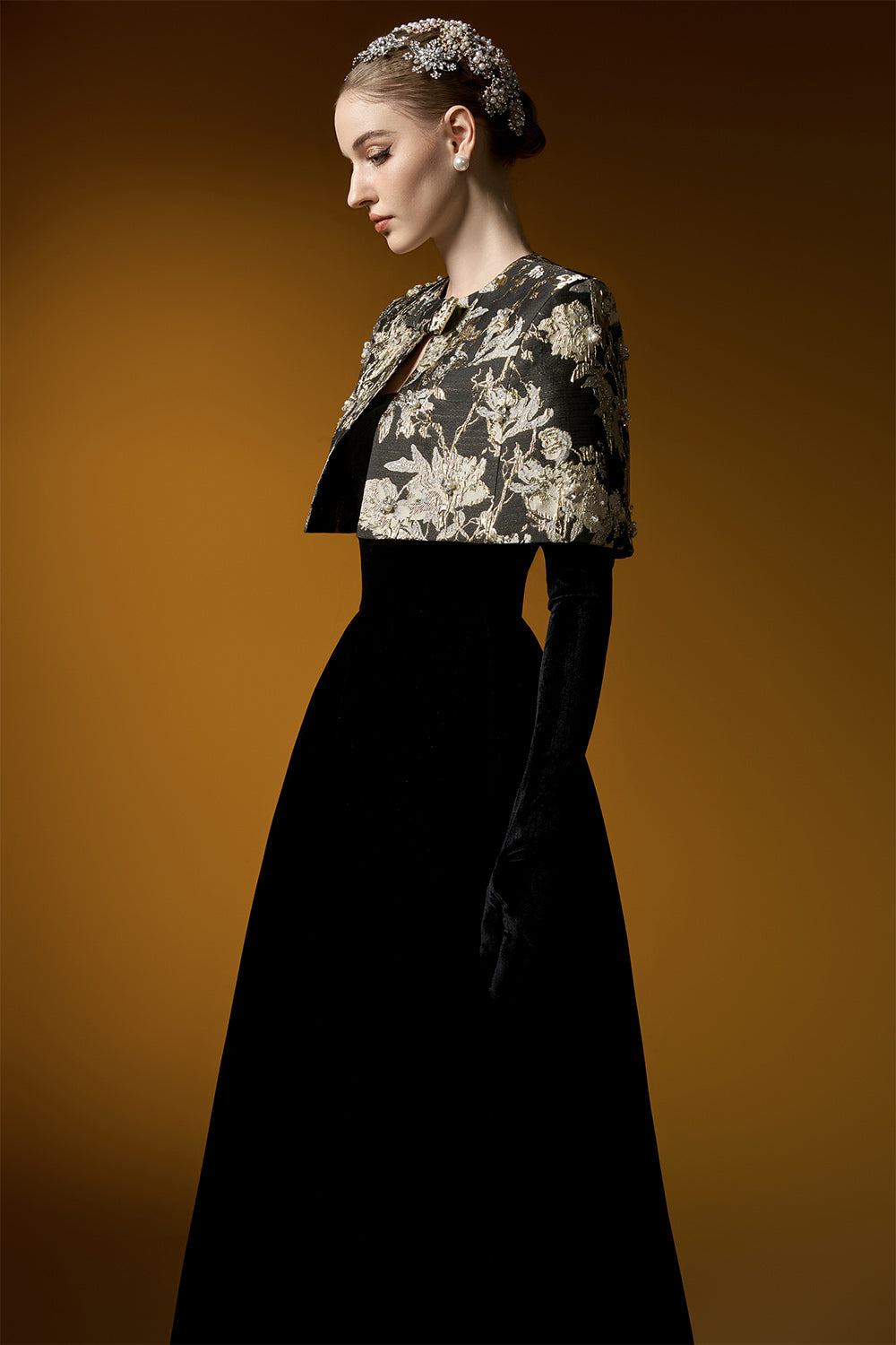 Averi Ball Gown Cape Shoulder Velvet Floor Length Set