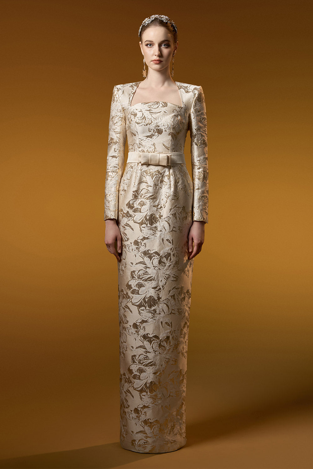 Fallon Sheath Long Sleeved Jacquard Floor Length Dress