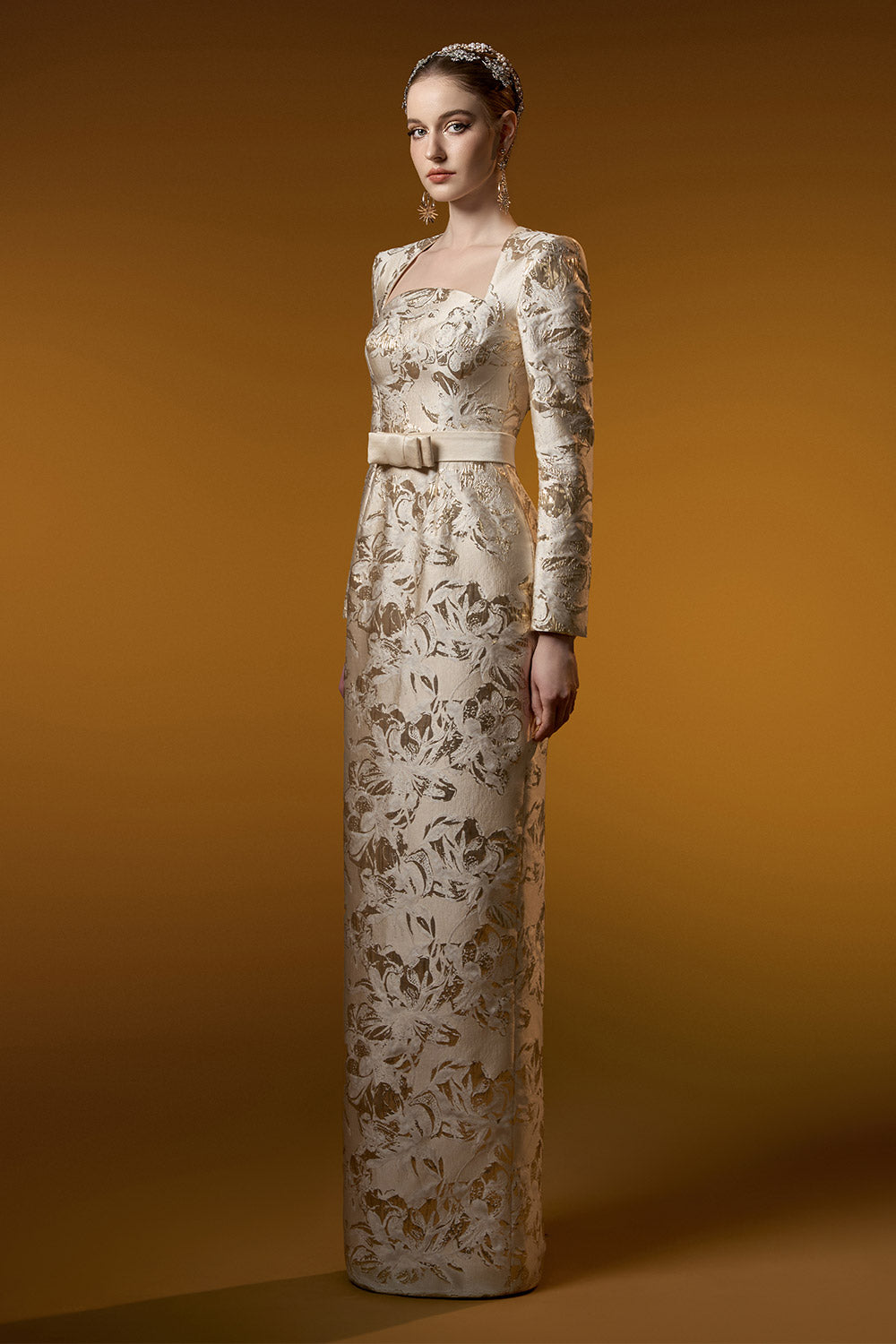 Fallon Sheath Long Sleeved Jacquard Floor Length Dress
