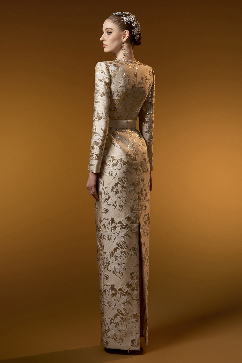 Fallon Sheath Long Sleeved Jacquard Floor Length Dress