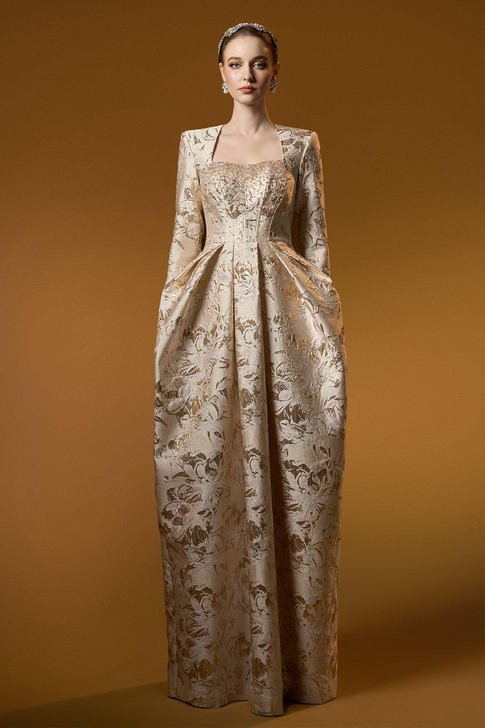 Layla Cocoon Queen Anne Neck Jacquard Floor Length Dress