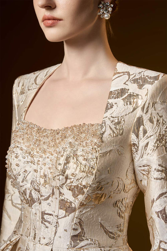 Layla Cocoon Queen Anne Neck Jacquard Floor Length Dress