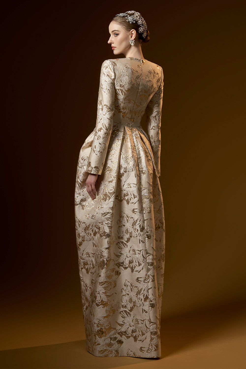 Layla Cocoon Queen Anne Neck Jacquard Floor Length Dress