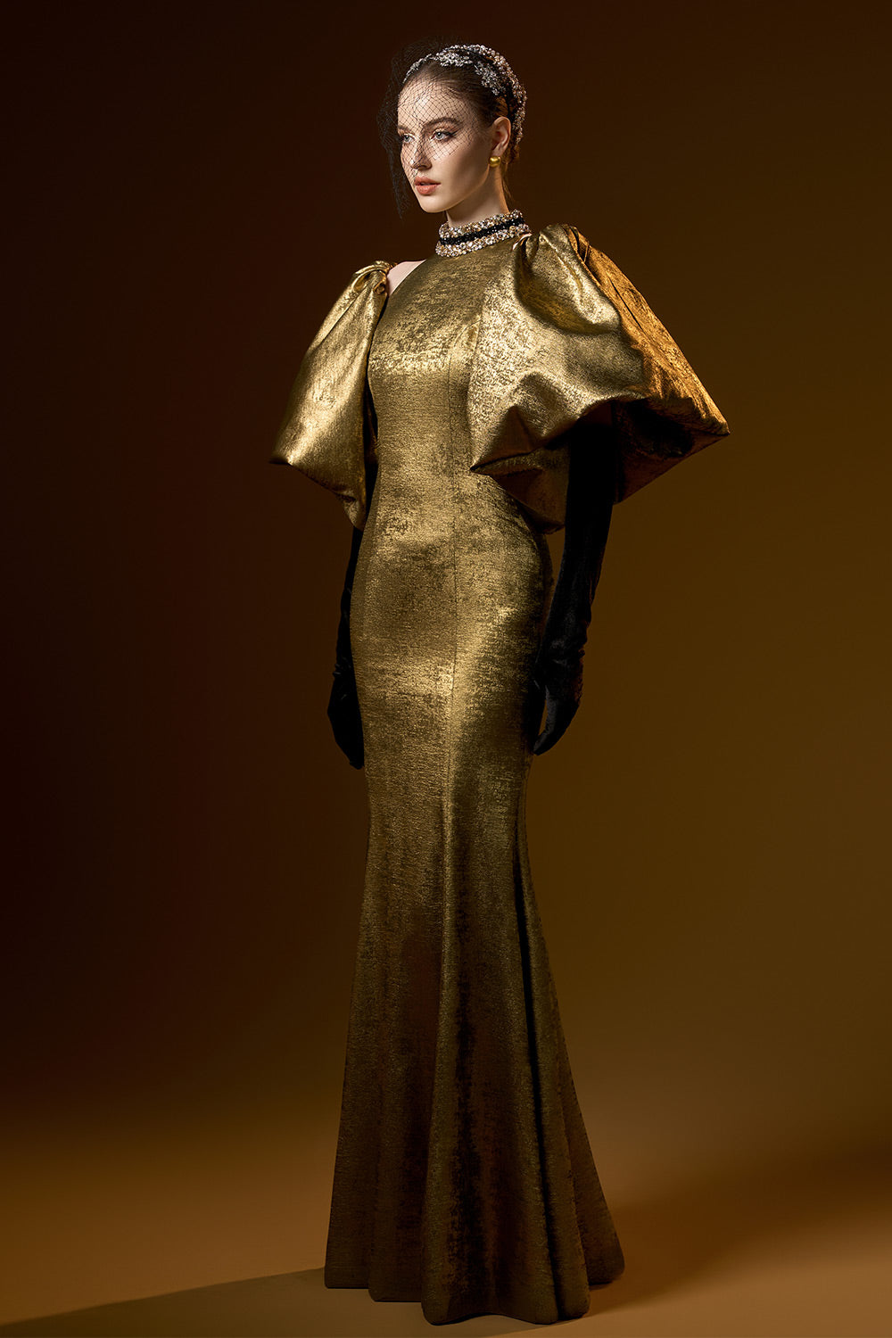 Rose Trumpet Bubble Sleeved Silk Floor Length Dress