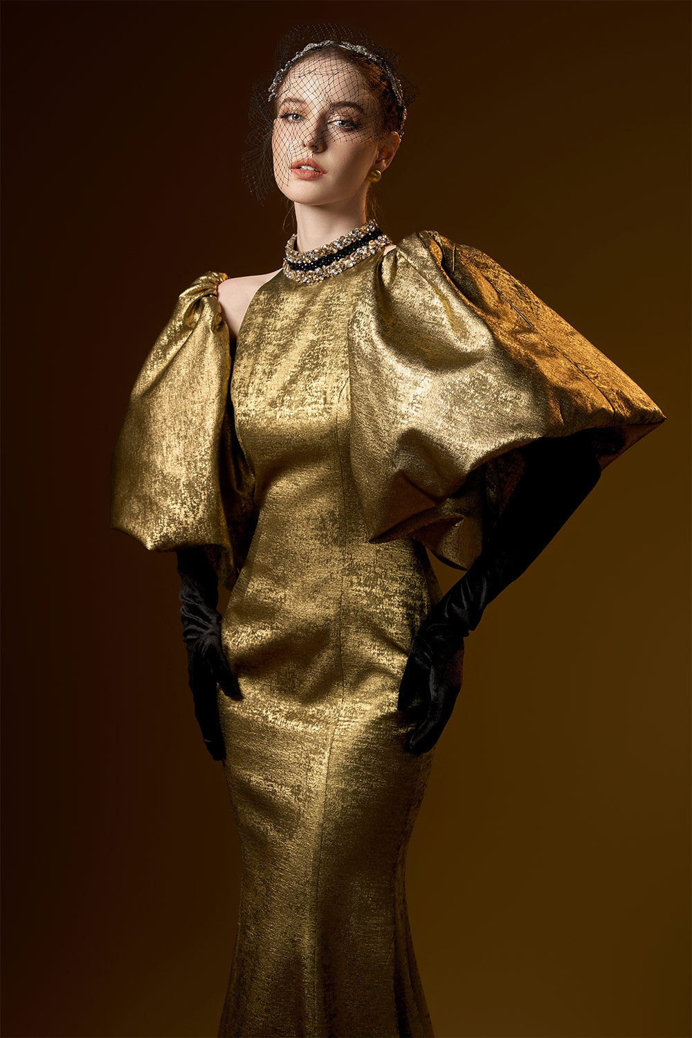 Rose Trumpet Bubble Sleeved Silk Floor Length Dress