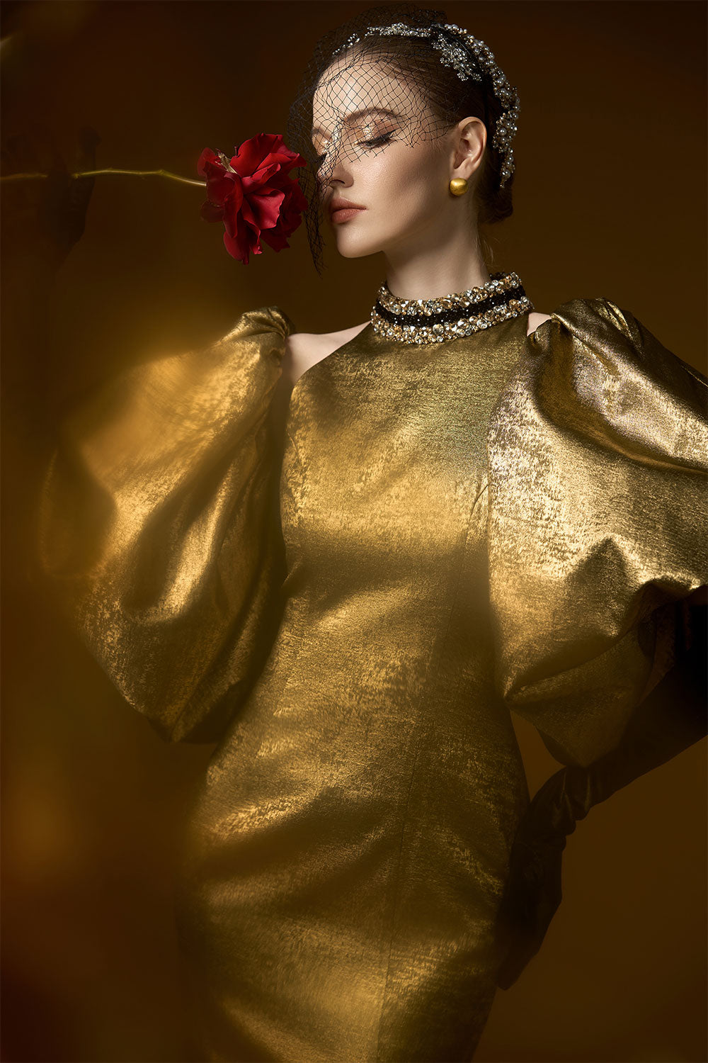 Rose Trumpet Bubble Sleeved Silk Floor Length Dress