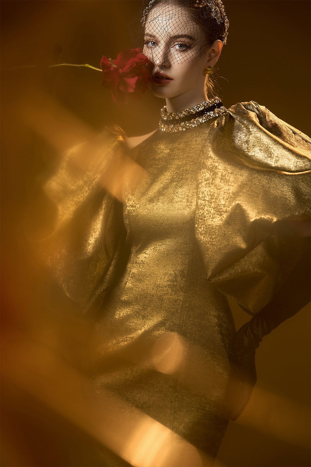 Rose Trumpet Bubble Sleeved Silk Floor Length Dress