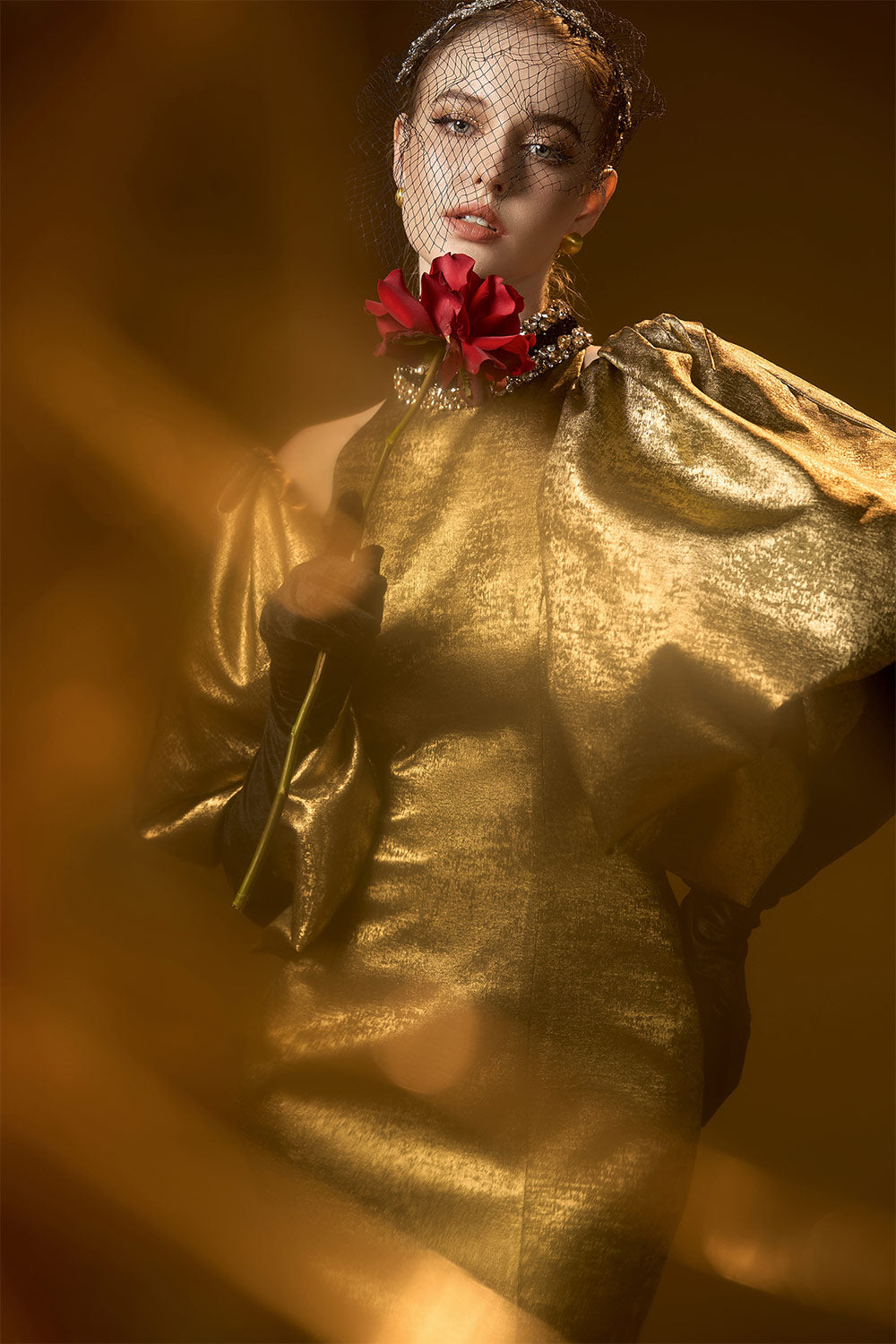 Rose Trumpet Bubble Sleeved Silk Floor Length Dress