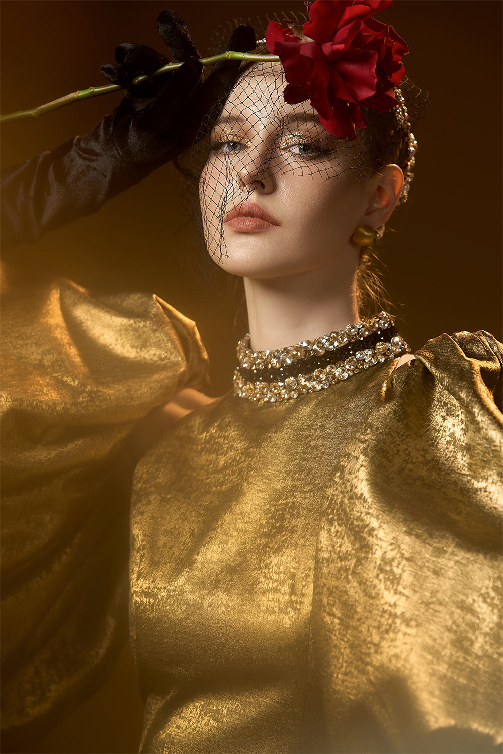 Rose Trumpet Bubble Sleeved Silk Floor Length Dress