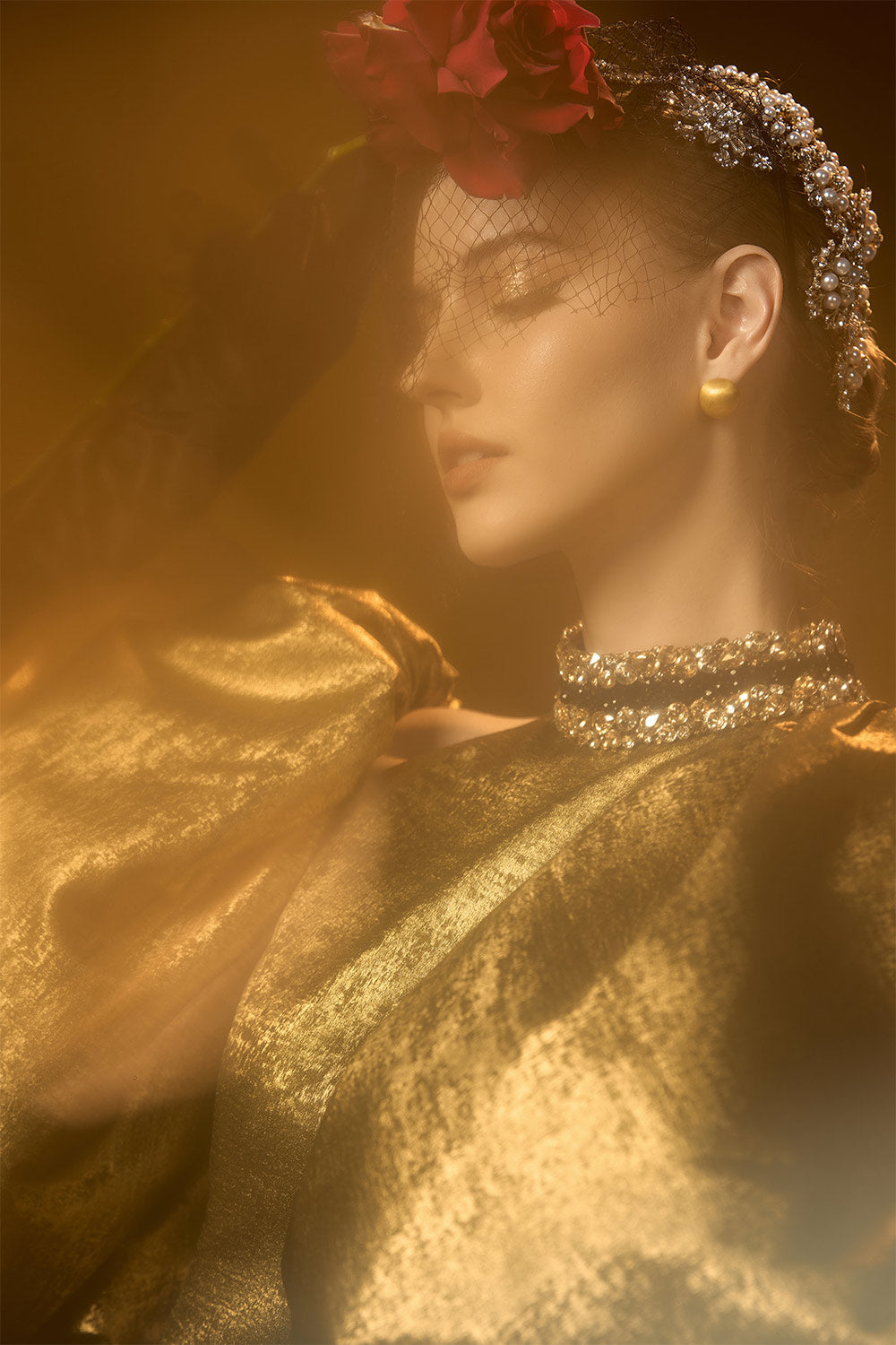 Rose Trumpet Bubble Sleeved Silk Floor Length Dress