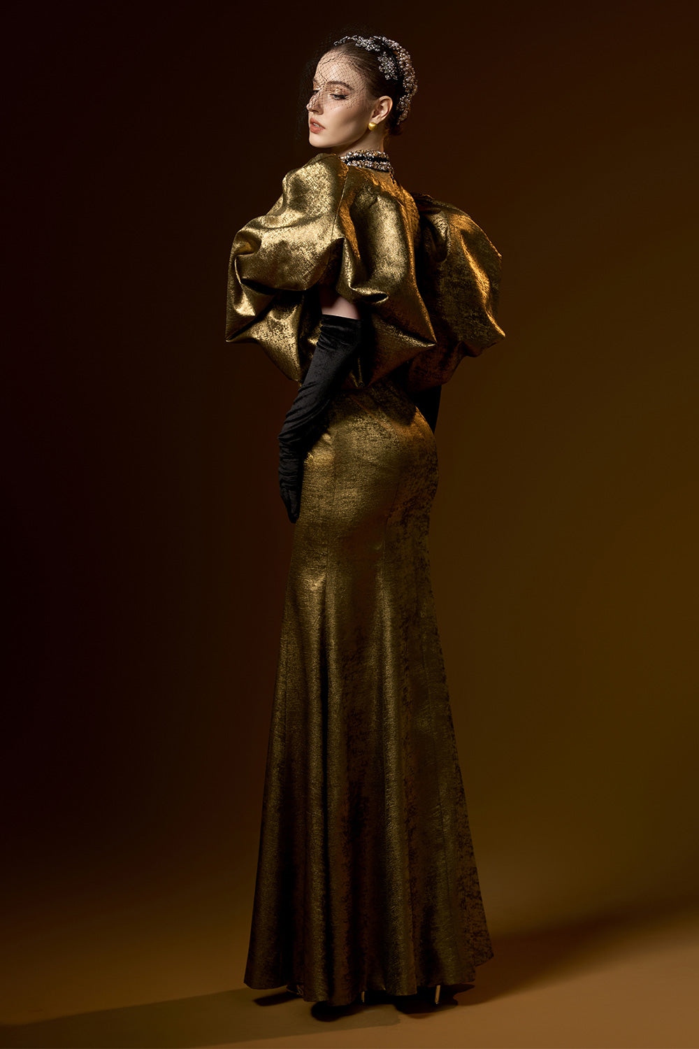 Rose Trumpet Bubble Sleeved Silk Floor Length Dress