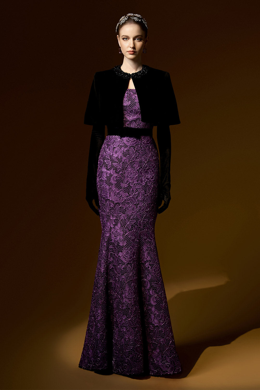 Kimberly Trumpet Cape Shoulder Lace Floor Length Set