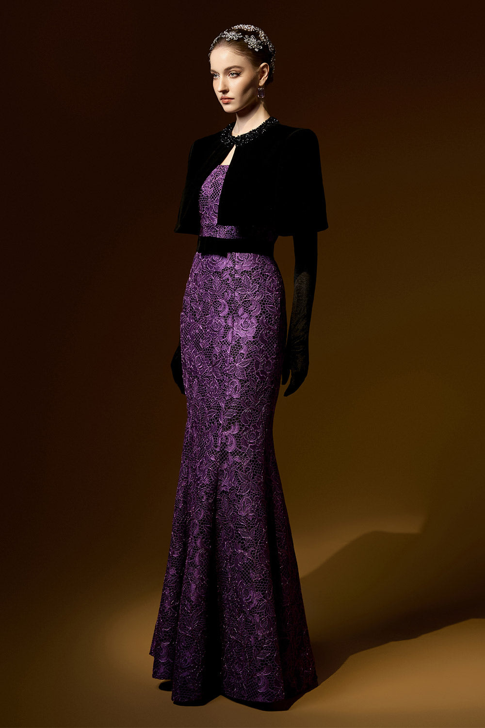 Kimberly Trumpet Cape Shoulder Lace Floor Length Set