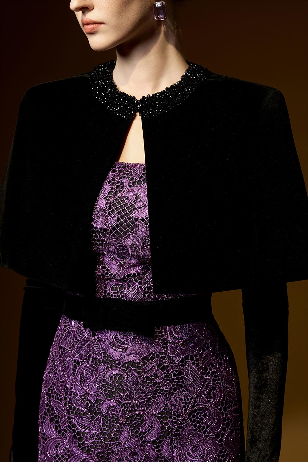 Kimberly Trumpet Cape Shoulder Lace Floor Length Set