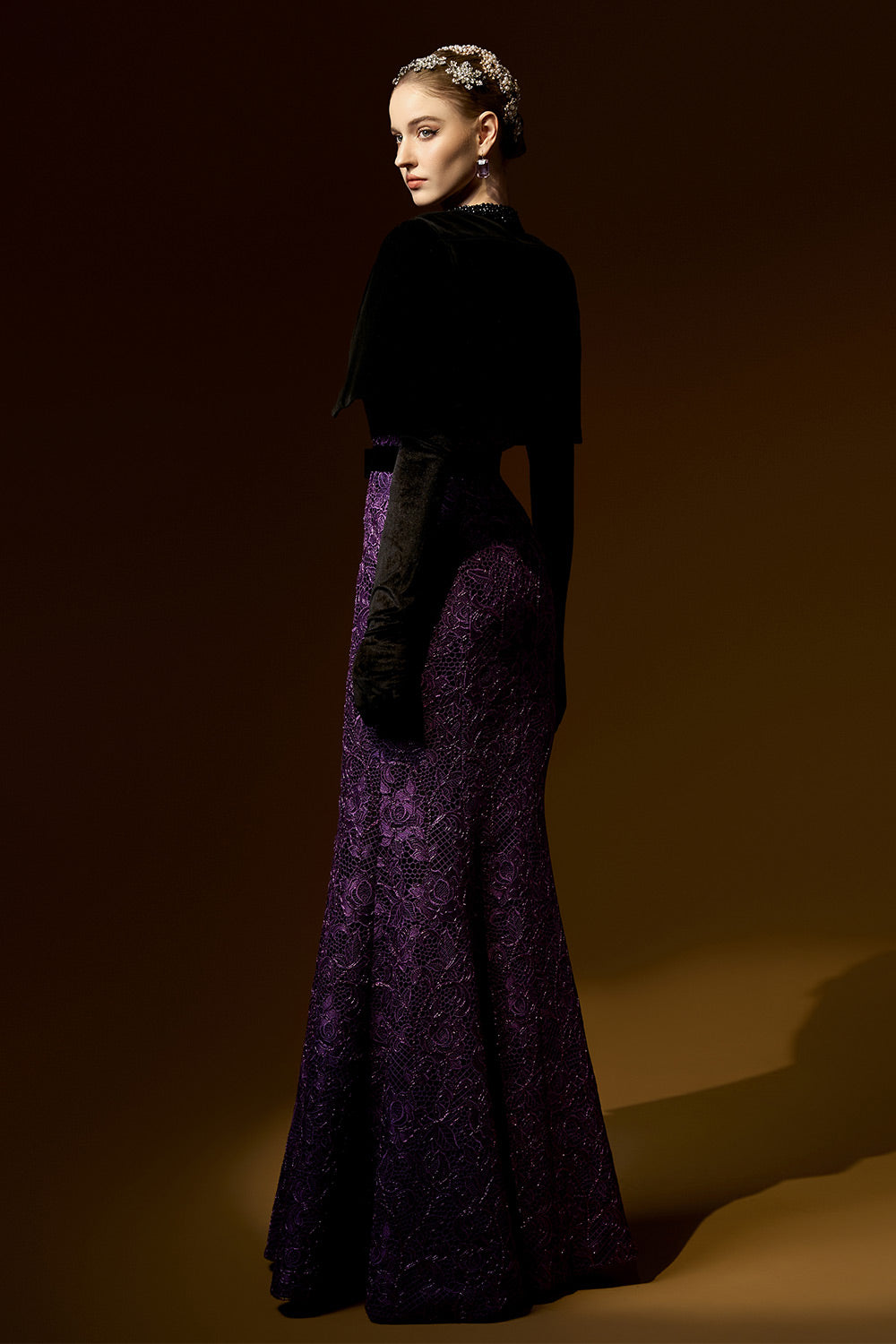 Kimberly Trumpet Cape Shoulder Lace Floor Length Set