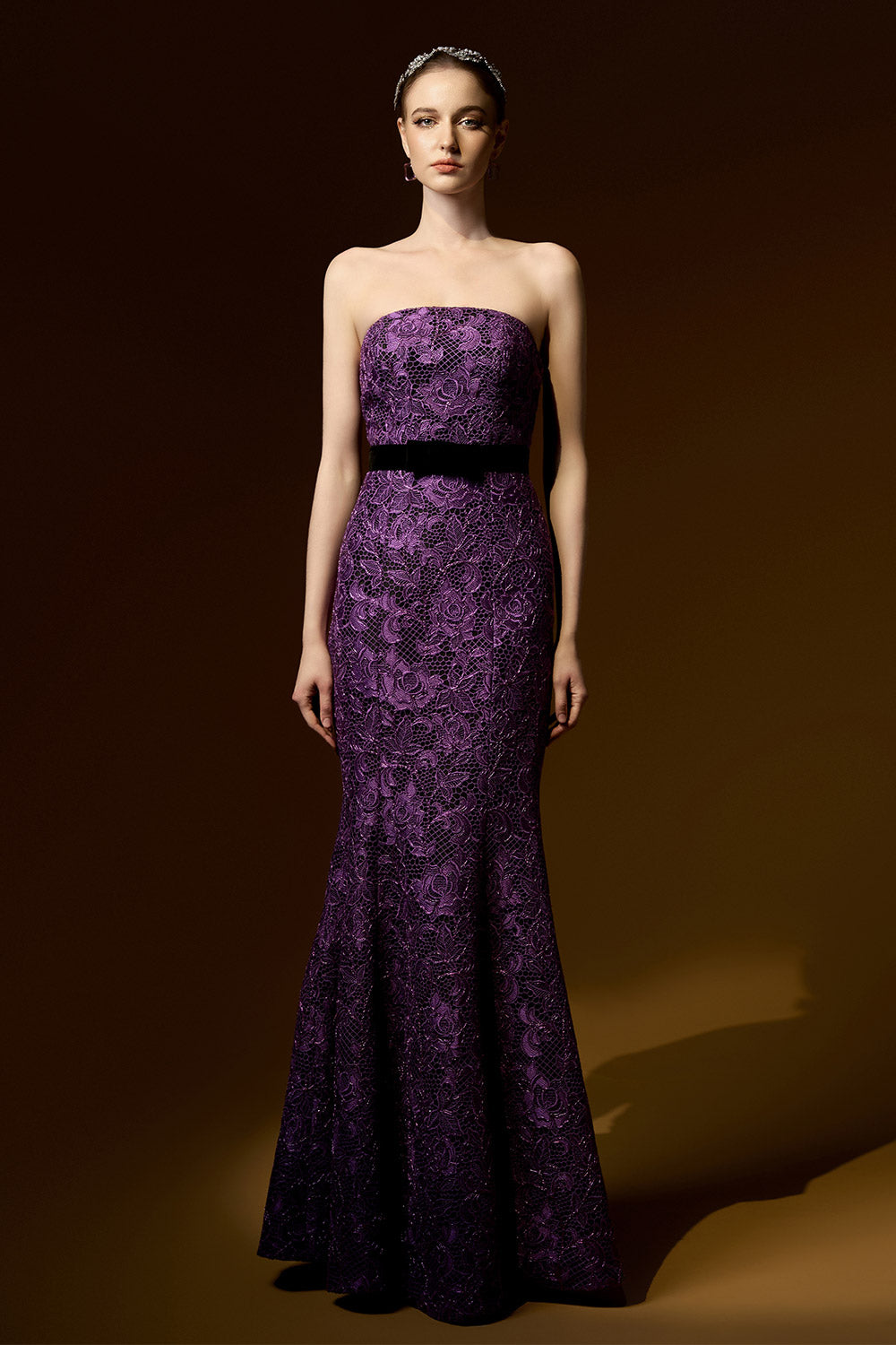 Kimberly Trumpet Cape Shoulder Lace Floor Length Set