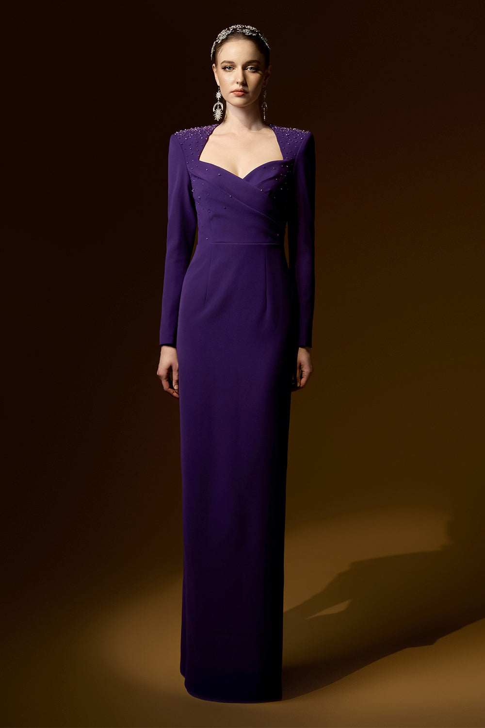 Katherine Sheath Queen Anne Neck Crepe Floor Length Dress