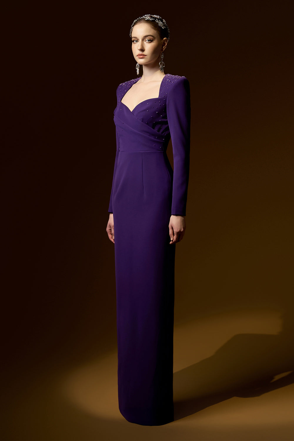 Katherine Sheath Queen Anne Neck Crepe Floor Length Dress