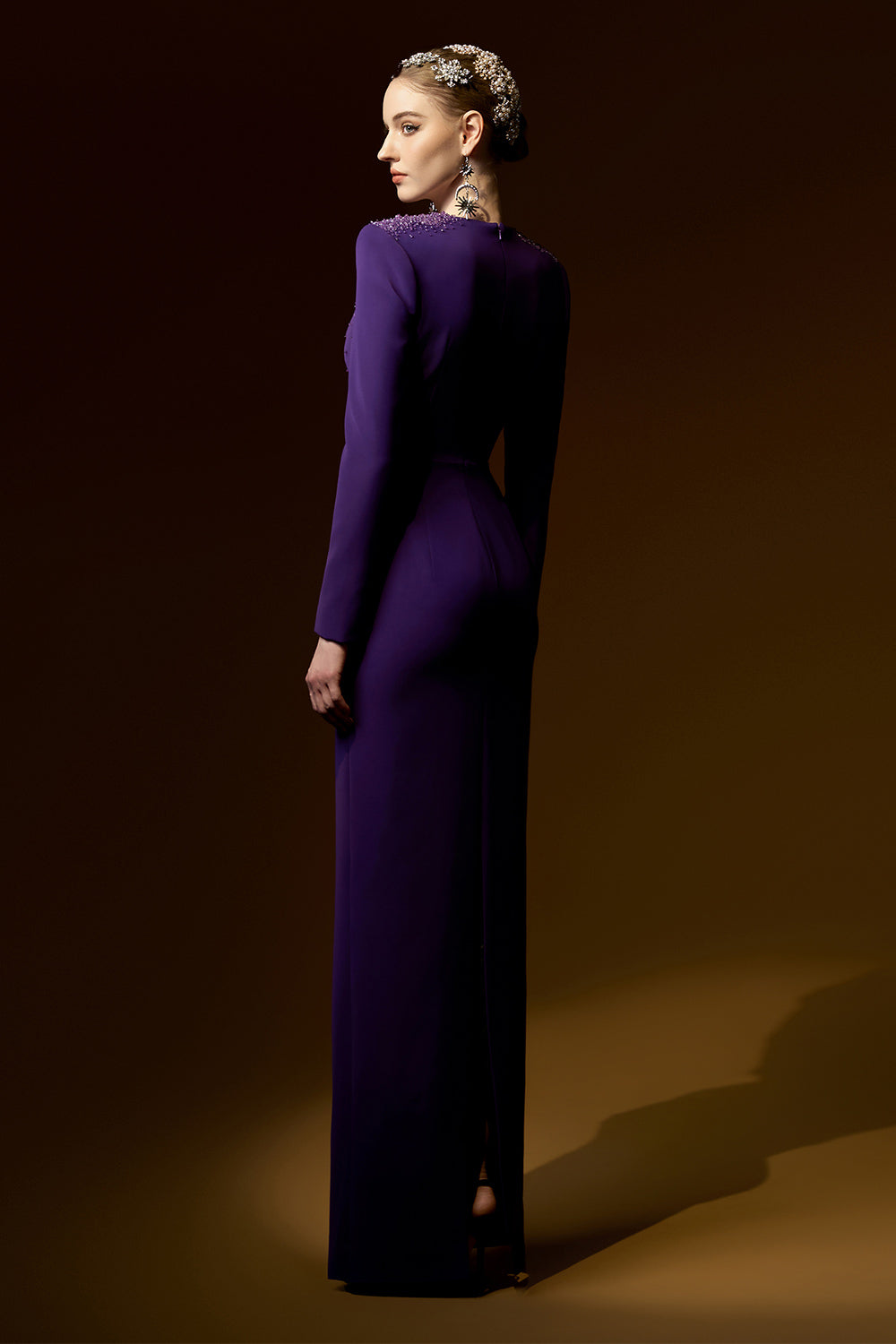 Katherine Sheath Queen Anne Neck Crepe Floor Length Dress