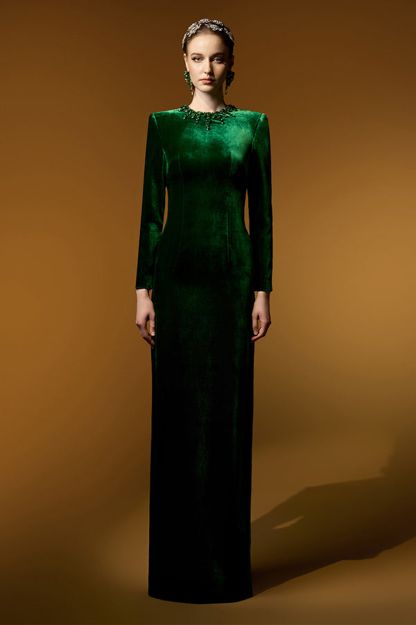 Chana Sheath Long Sleeved Velvet Floor Length Dress