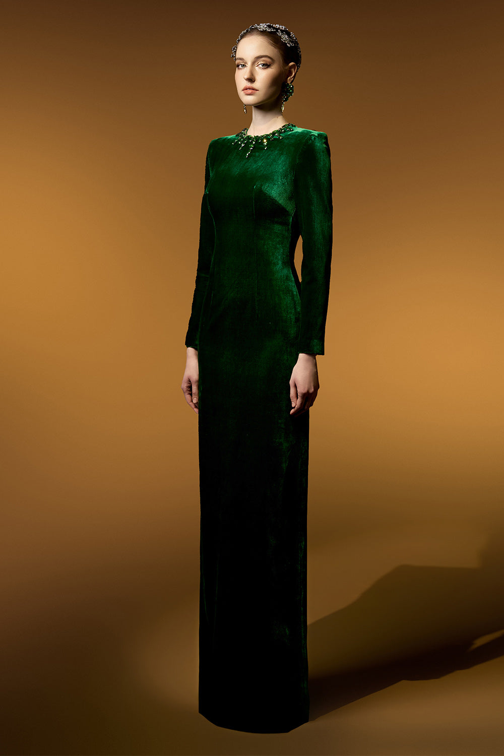 Chana Sheath Long Sleeved Velvet Floor Length Dress