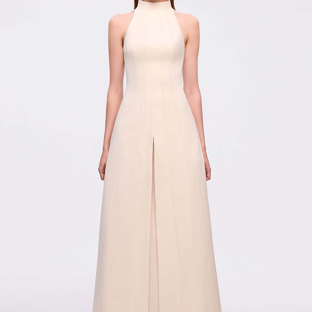 Han Yen Layered High Neck Crinkle Crepe Maxi Dress