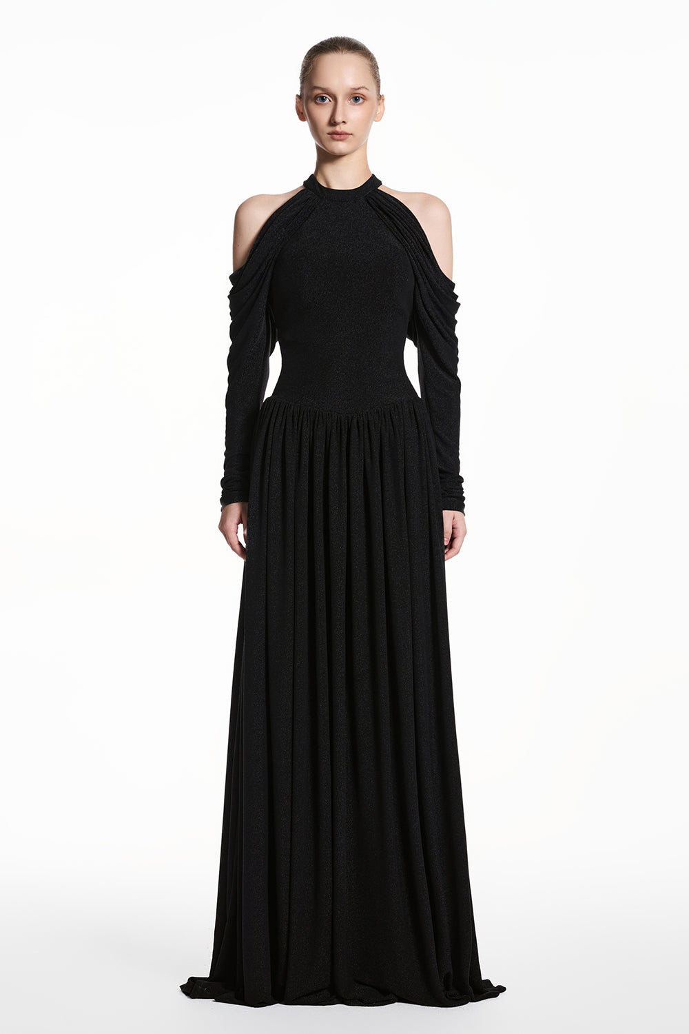 Talia Cold Shoulder Sleeve Gathering Maxi Dress - MEAN BLVD