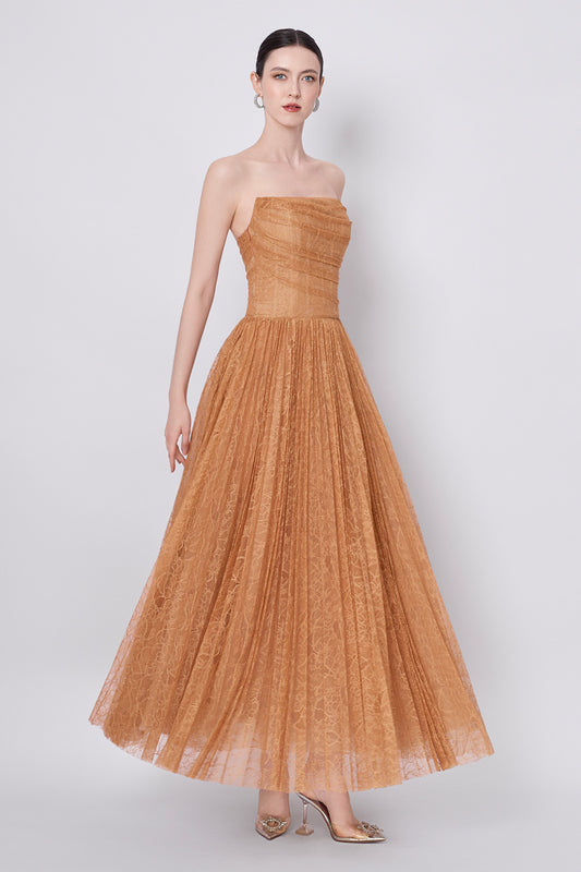 Poésie Strapless Pleated Tulle Maxi Dress