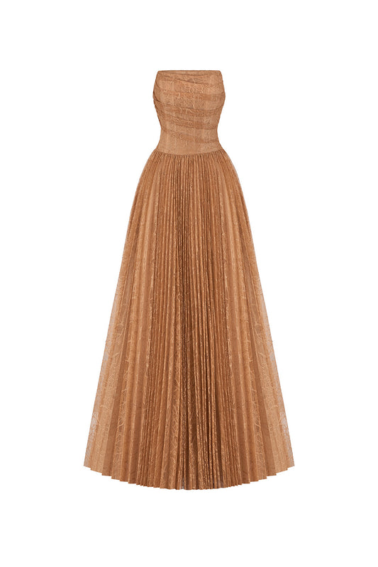 Poésie Strapless Pleated Tulle Maxi Dress