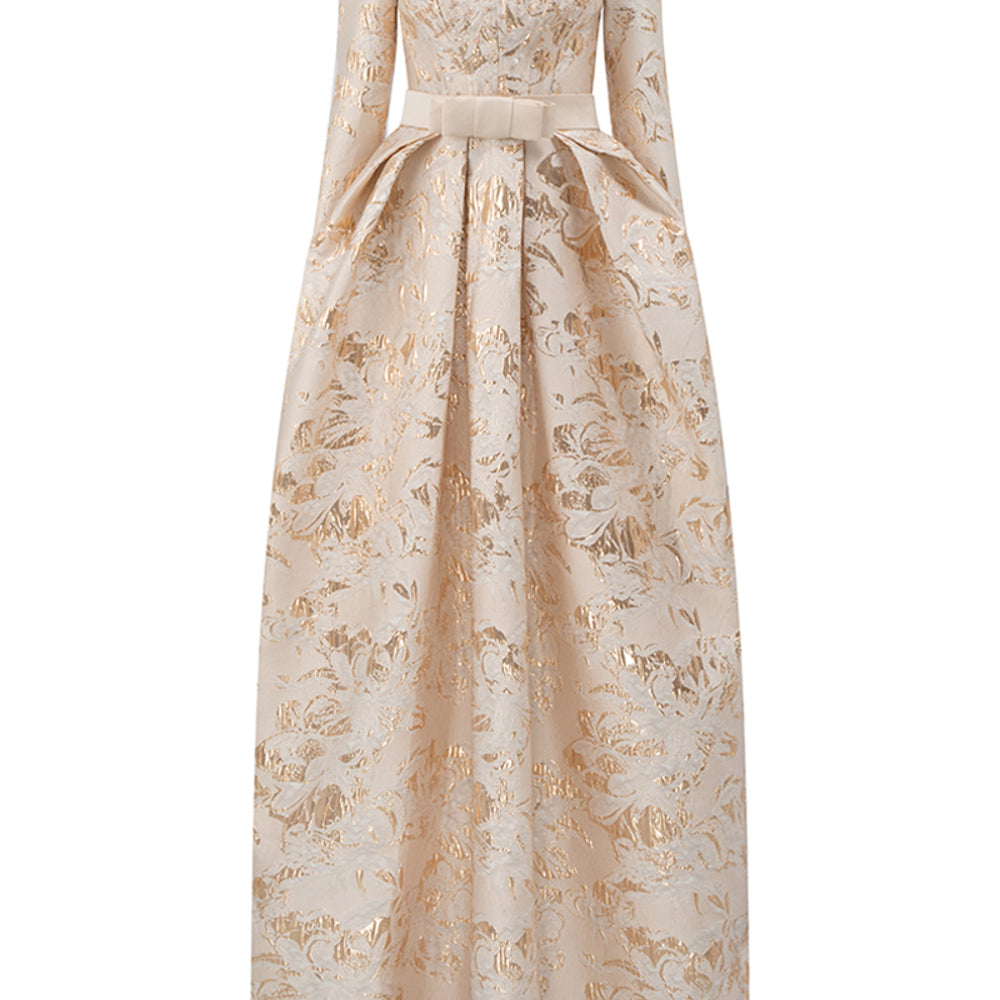 Layla Cocoon Queen Anne Neck Jacquard Floor Length Dress