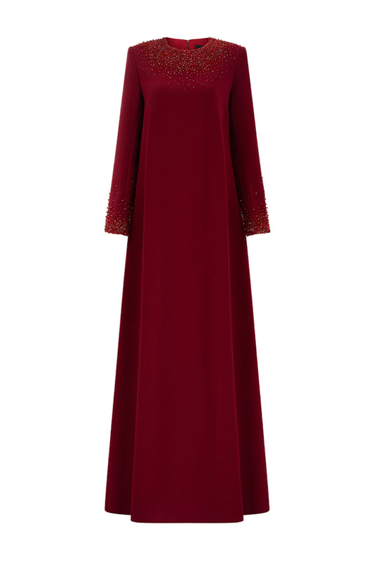 Ryann Trapezoid Jewel Neck Crepe Floor Length Dress