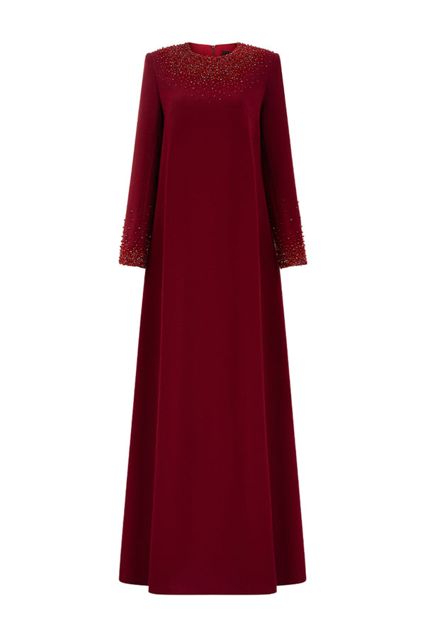 Ryann Trapezoid Jewel Neck Crepe Floor Length Dress