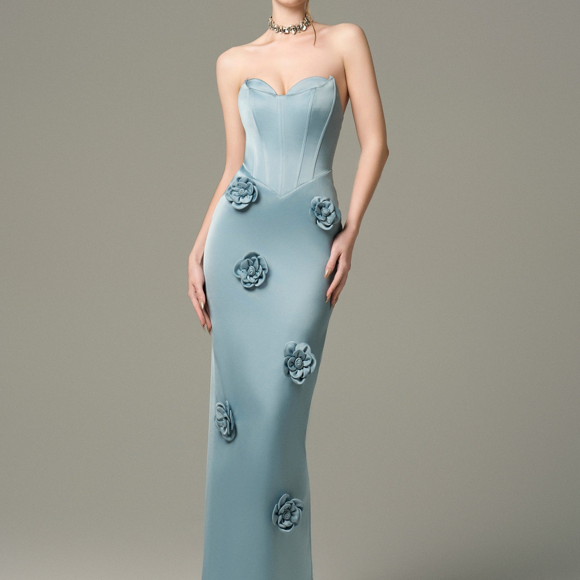 Aquarelle Silk 3D Floral Applique Maxi Dress