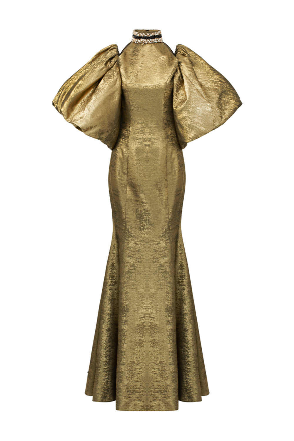 Rose Trumpet Bubble Sleeved Silk Floor Length Dress