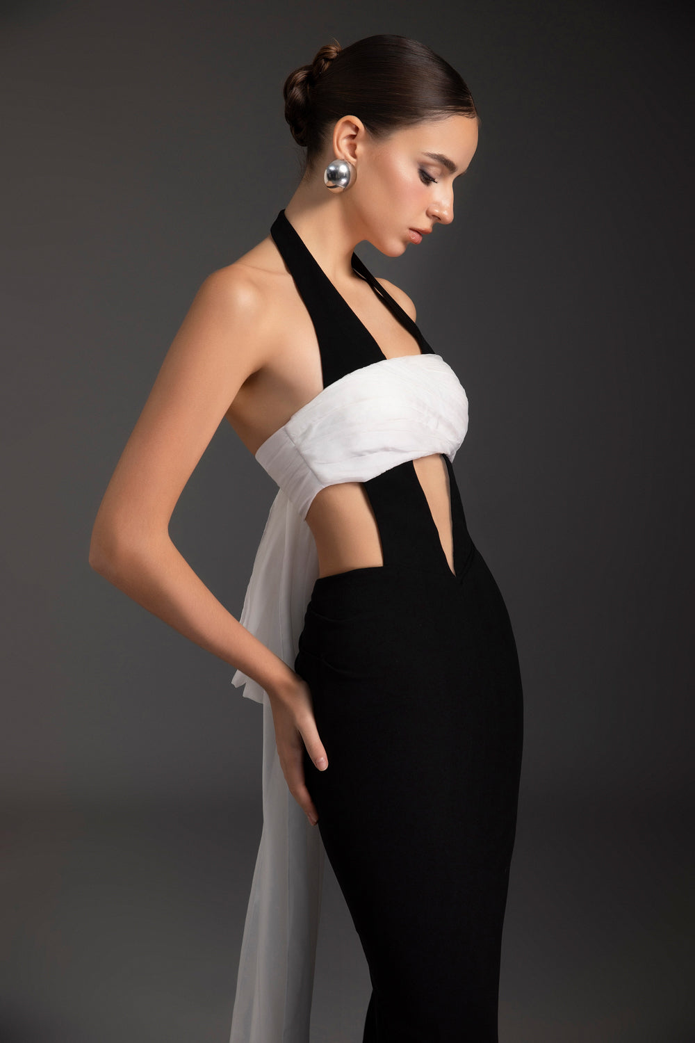 Women's Twilight Halter Neck Draped Maxi Dress Customize Black & White MEAN BLVD Women's Twilight Halter Neck Draped Maxi Dress Customize Black & White MEAN BLVD