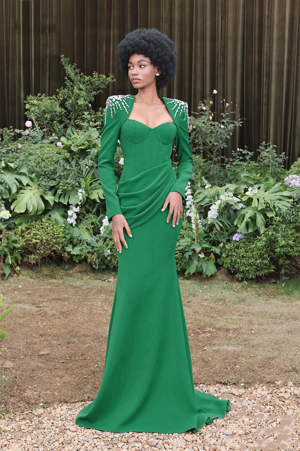 Jade Trumpet Square Shoulder Polyester Spandex Floor Length Dress