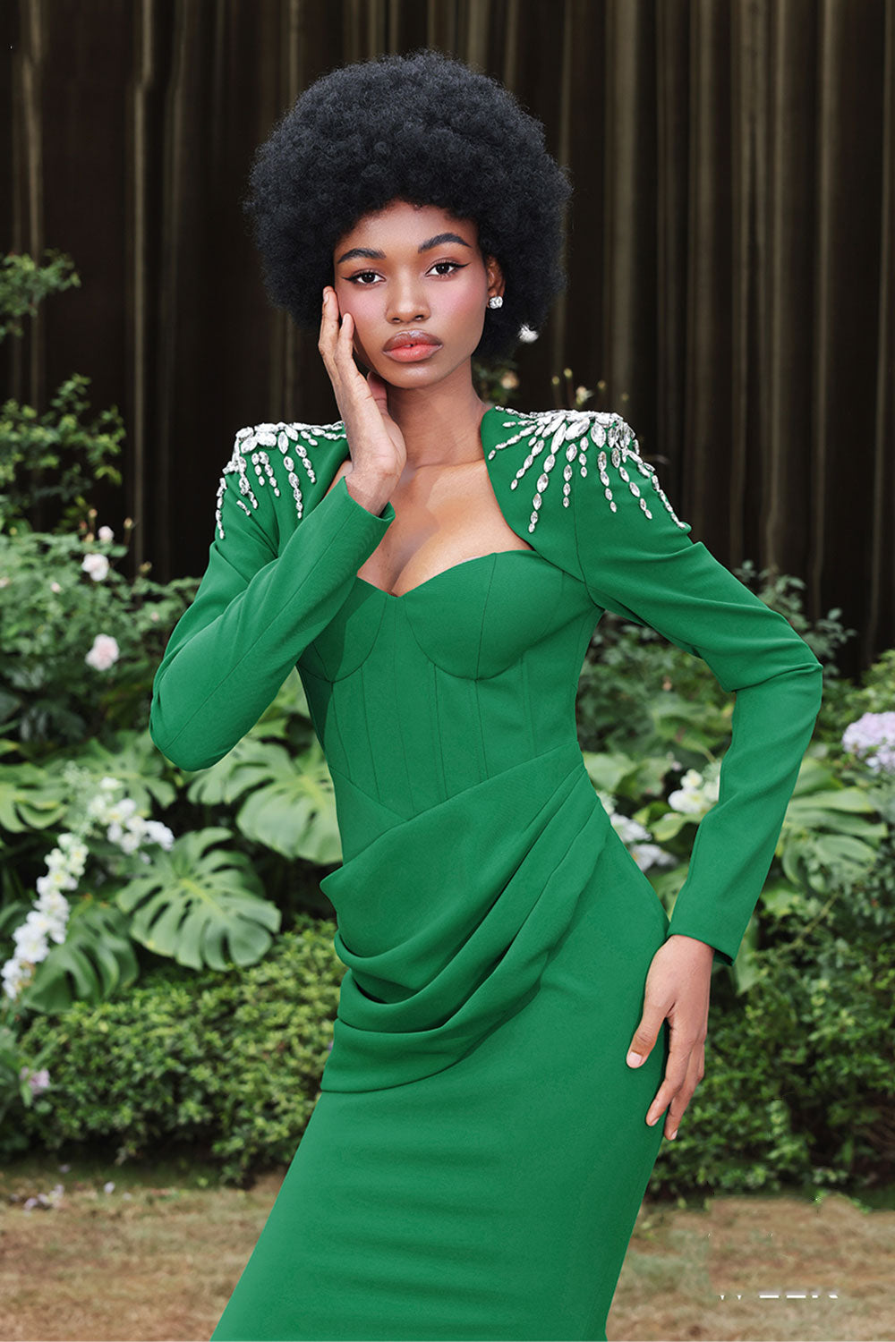 Jade Trumpet Square Shoulder Polyester Spandex Floor Length Dress