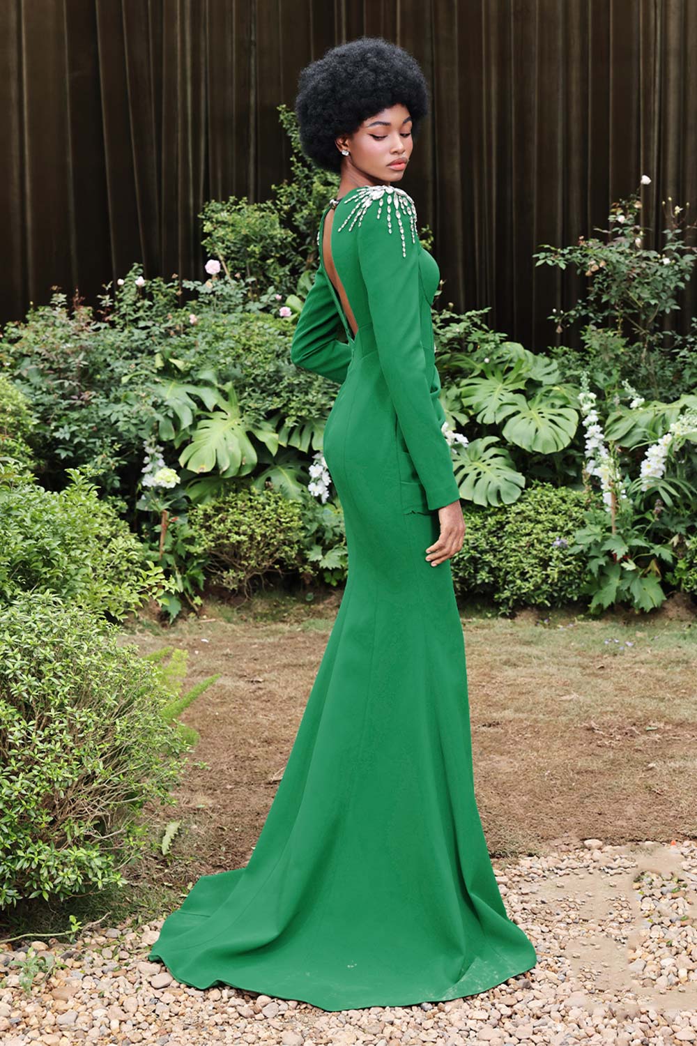 Jade Trumpet Square Shoulder Polyester Spandex Floor Length Dress