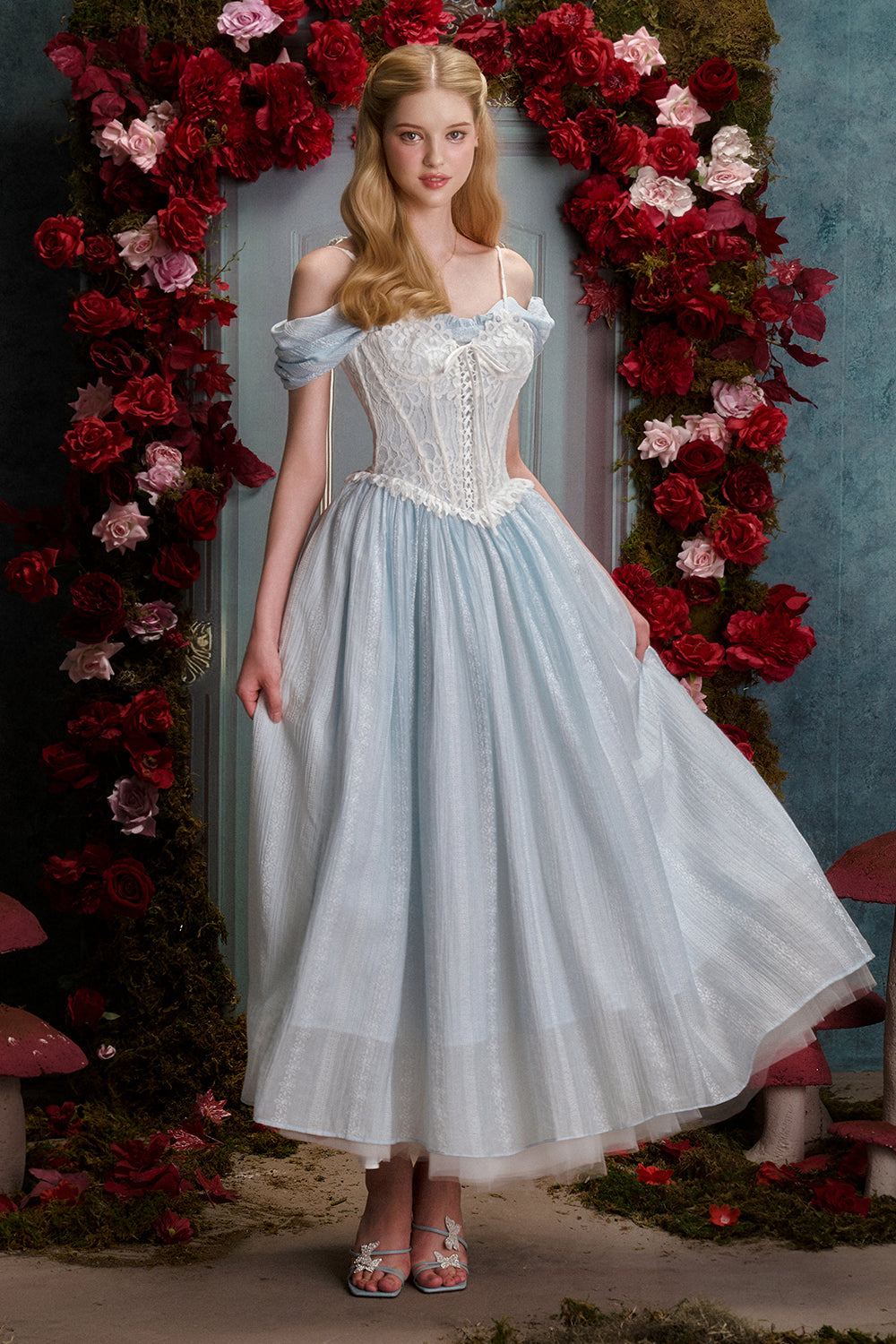 Alice A-line Cold Shoulder Sleeved Woven Maxi Dress Baby Blue / Customize