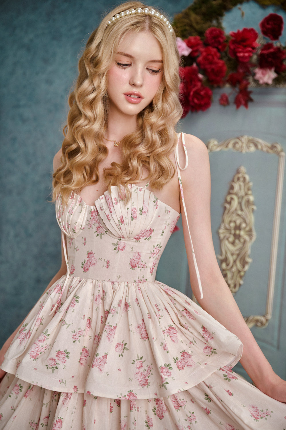 Melody Layered Semi-Heart Neck Silk Blend Long Length Dress