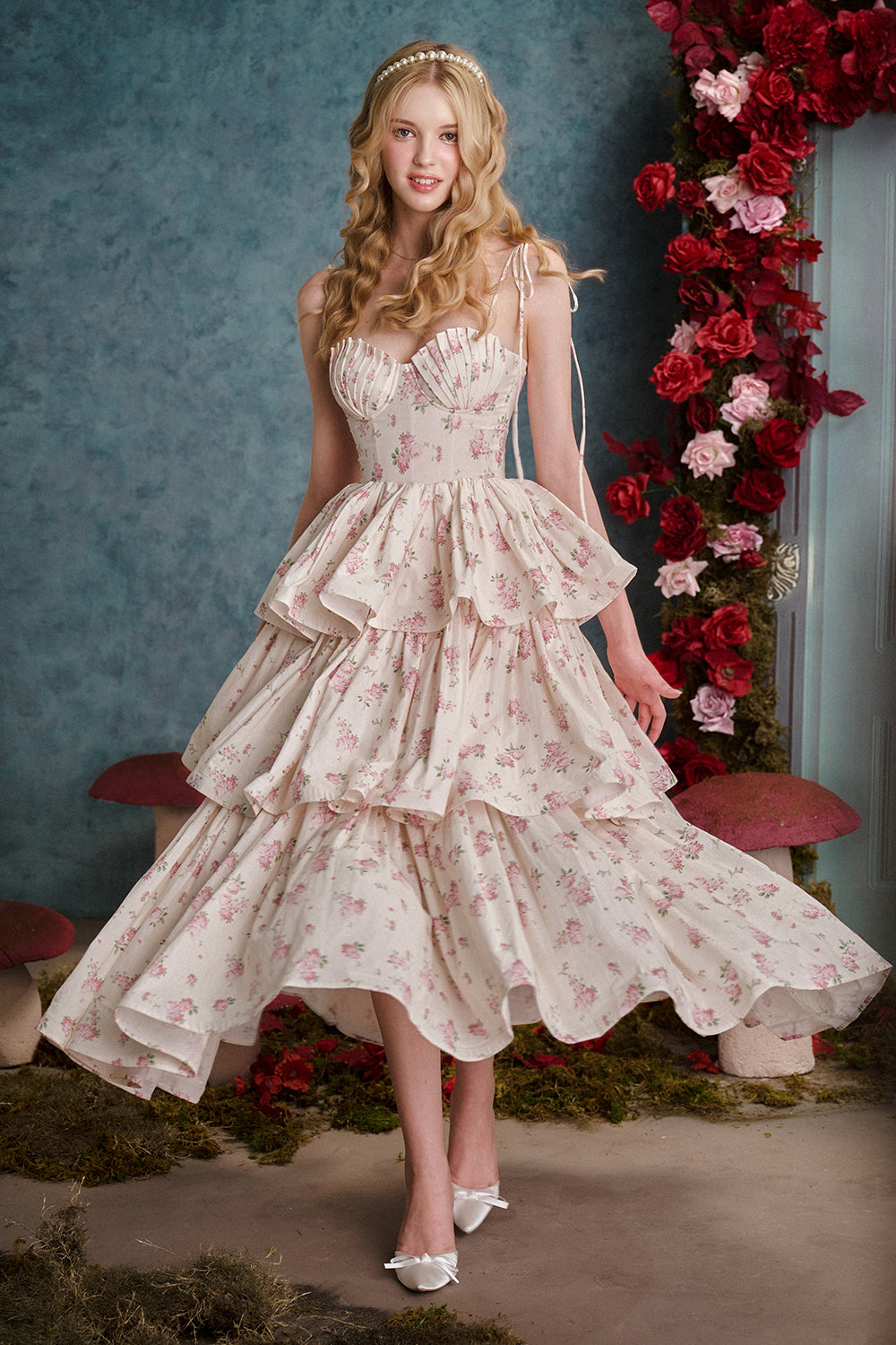 Women's Melody Layered Semi-Heart Neck Silk Blend Long Length Dress XS/S/M/L/Customize Baby Blue/Ivory/Vanilla/Pink Floral MEAN BLVD M / Vanilla/Pink