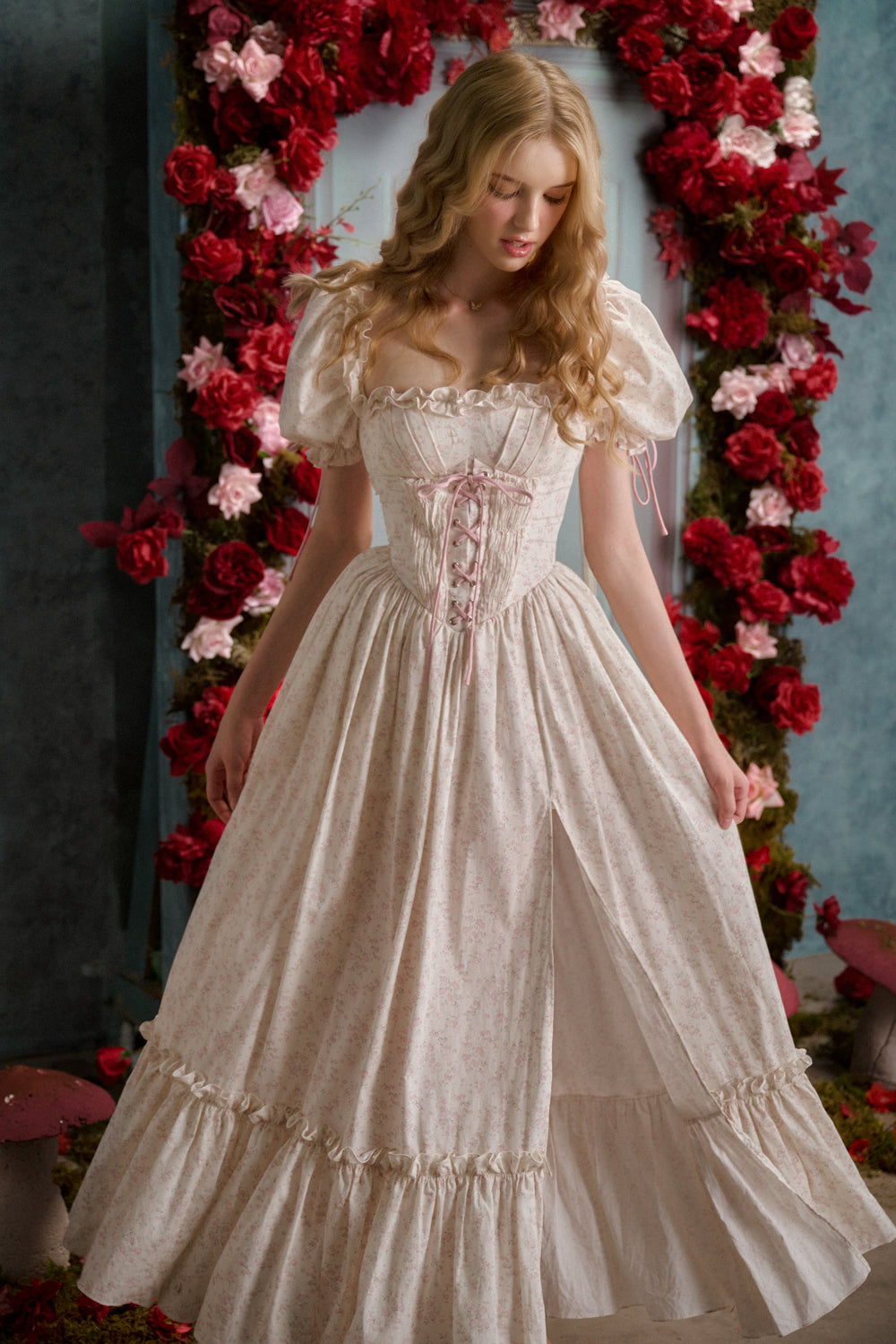 Women's Summertime Sadness A-line Puffy Sleeved Cotton Maxi Dress  XS/S/M/L/XL/Customize Vanilla/Pink Floral MEAN BLVD