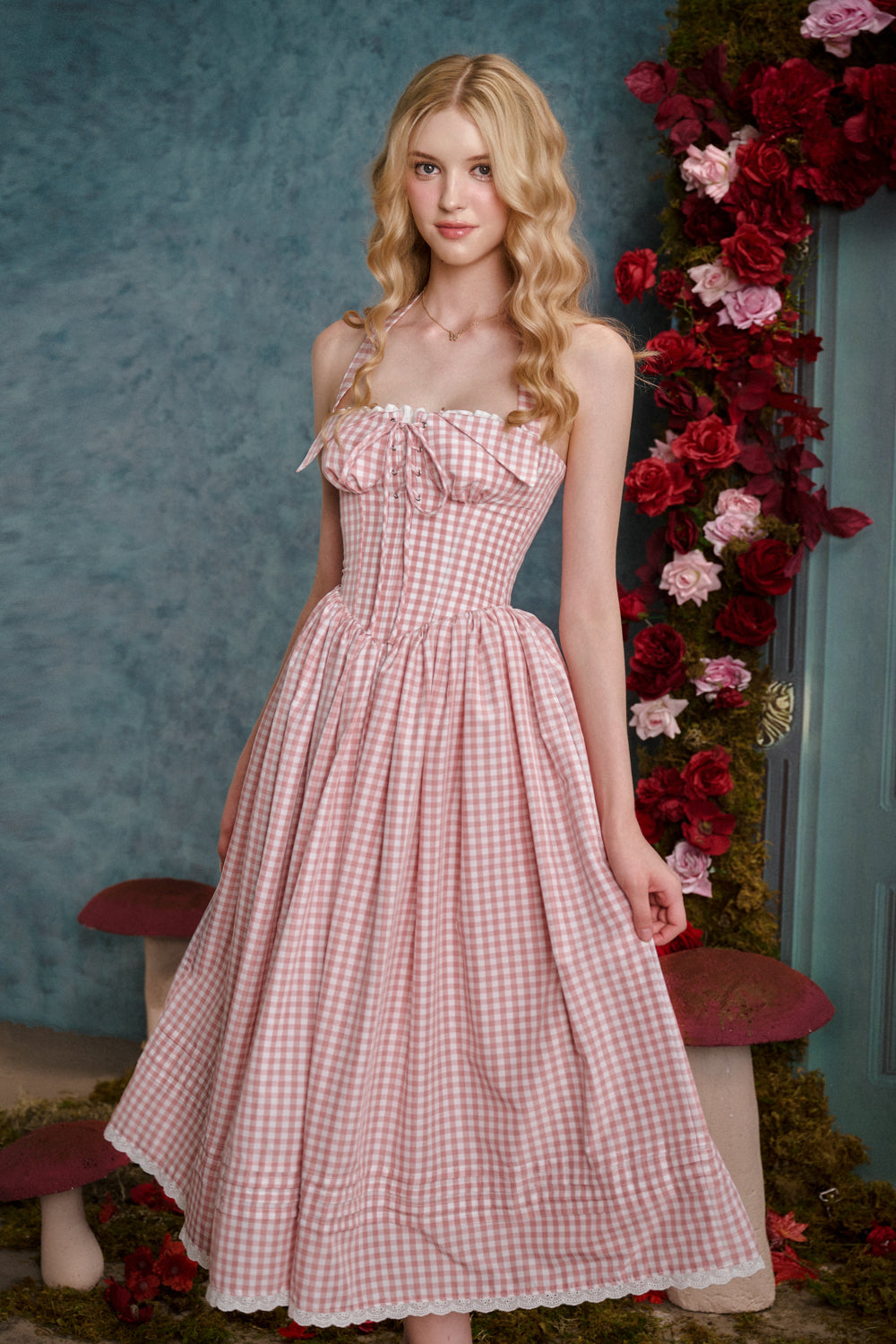 Women's Secret Garden A-line Corset Waist Silk Midi Dress  XS/S/M/L/XL/Customize Cream/Dusty Rose Floral/Gingham MEAN BLVD